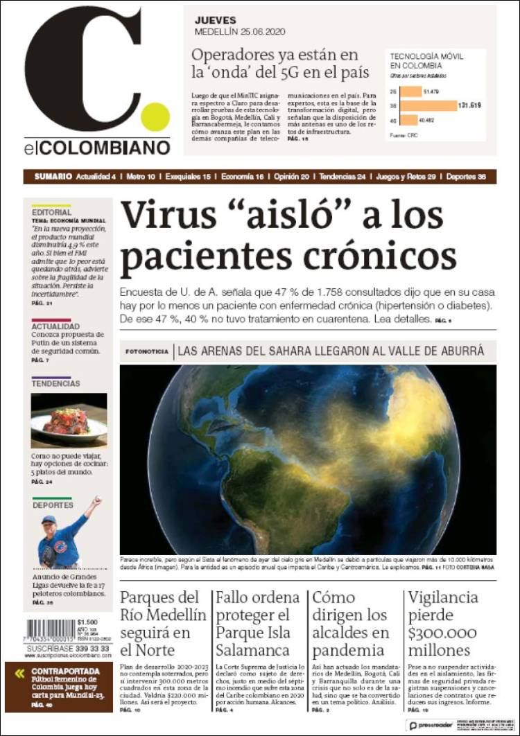 Portada de El Colombiano (Colombia)