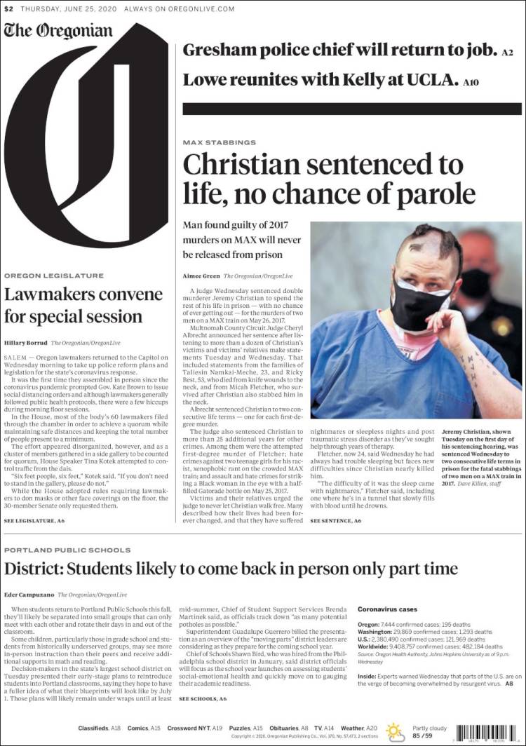 Portada de The Oregonian (USA)