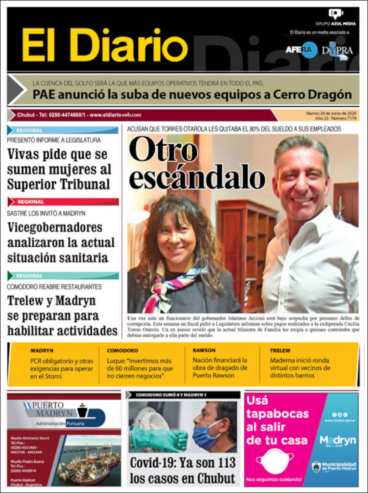Portada de El Diario de Madryn (Argentina)
