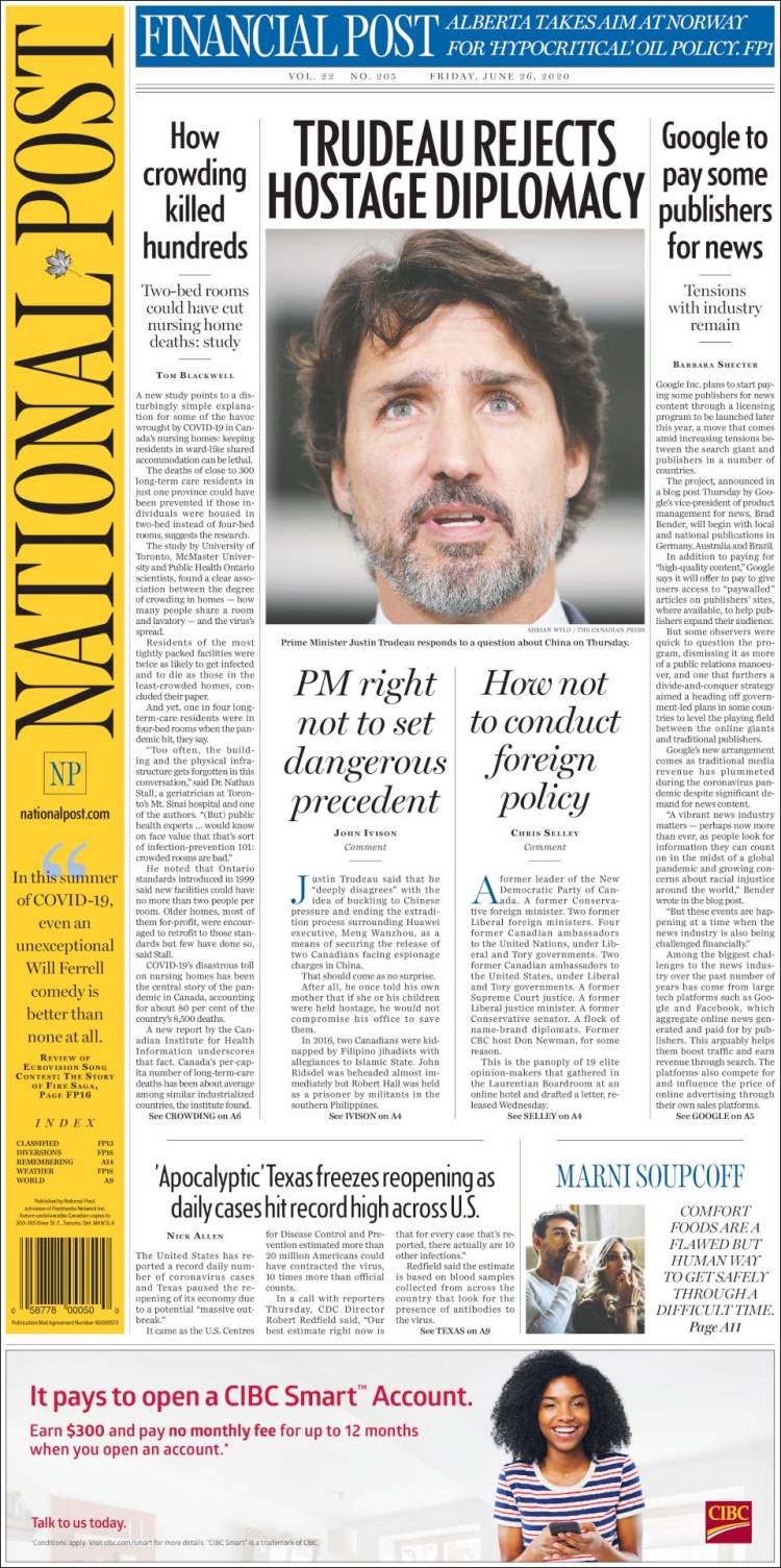 Portada de The National Post (Canadá)