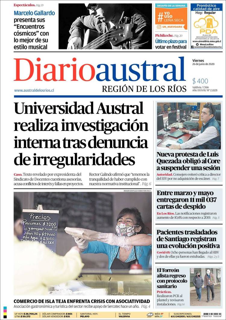 Portada de El Diario Austral de Valdivia (Chile)