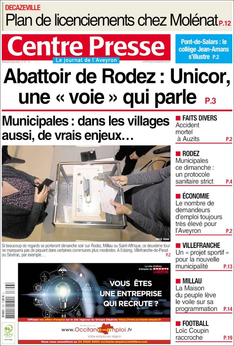 Portada de Centre Presse (Francia)