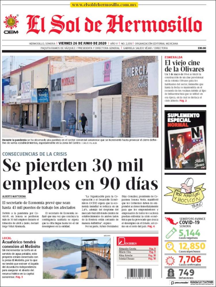 Portada de El Sol de Hermosillo (México)