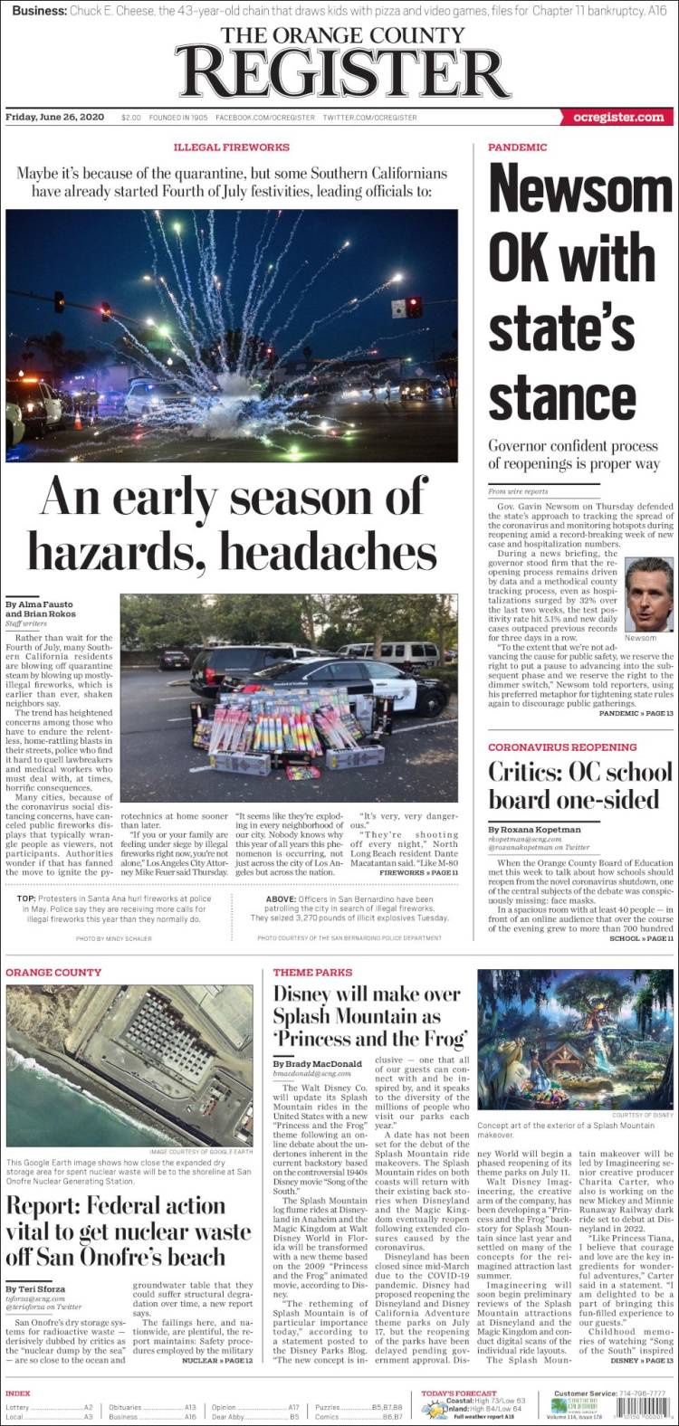 Newspaper The Orange County Register Usa Newspapers In Usa Fridays Edition June 26 Of 2020