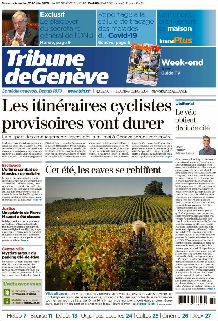 Portada de La Tribune de Genève (Suiza)