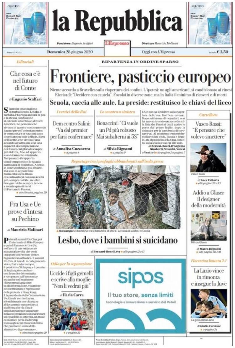 Portada de La Repubblica (Italia)