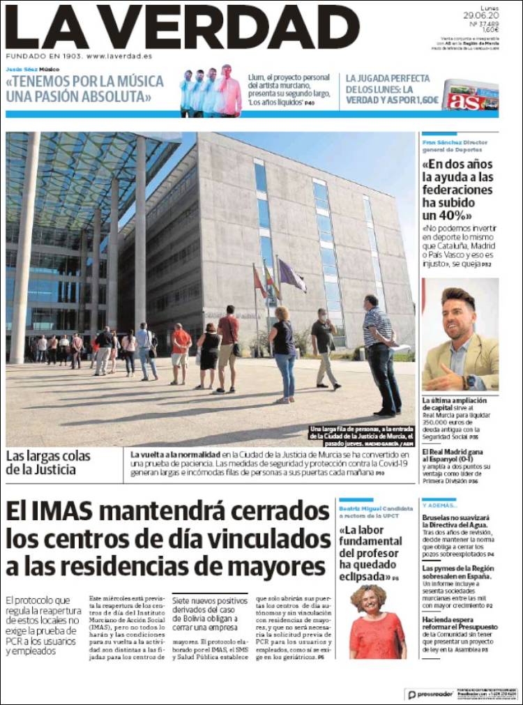 Portada de La Verdad de Murcia (España)