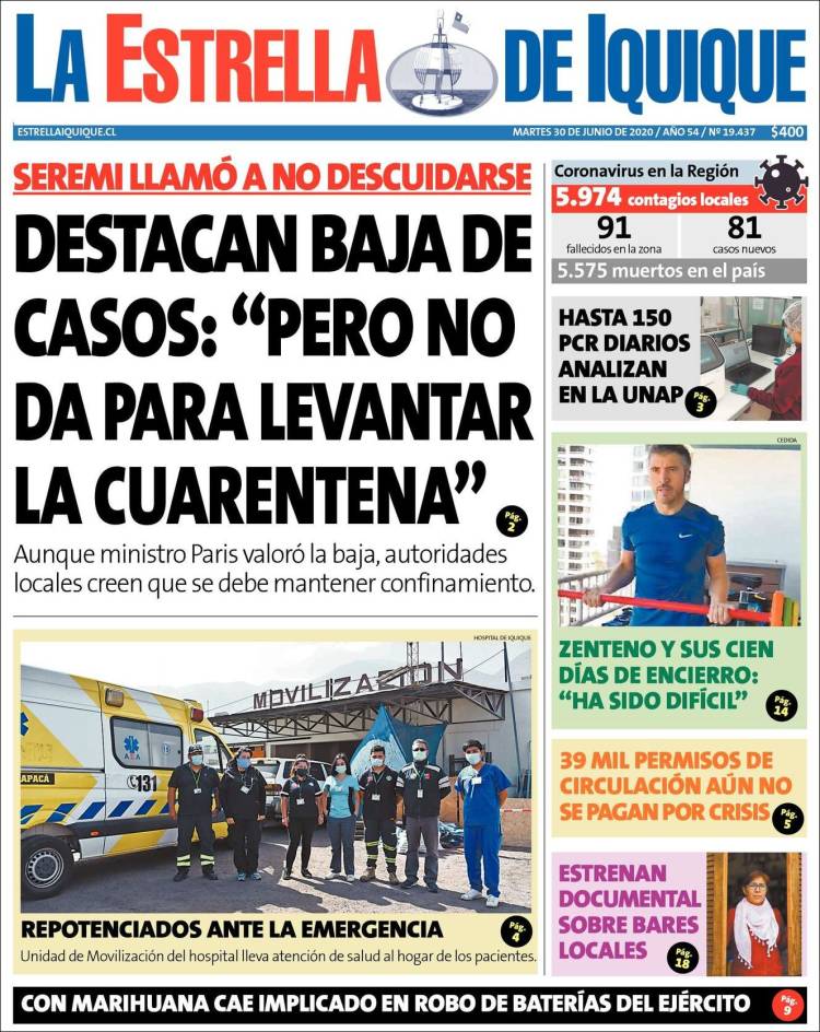 Portada de La Estrella de Iquique (Chile)