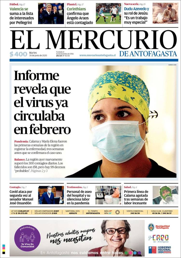 Portada de El Mercurio de Antofagasta (Chile)