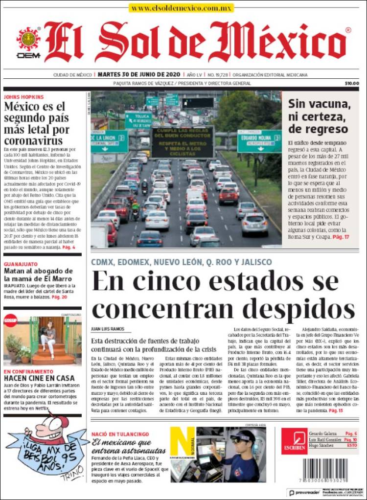 Portada de El Sol de México (Mexico)