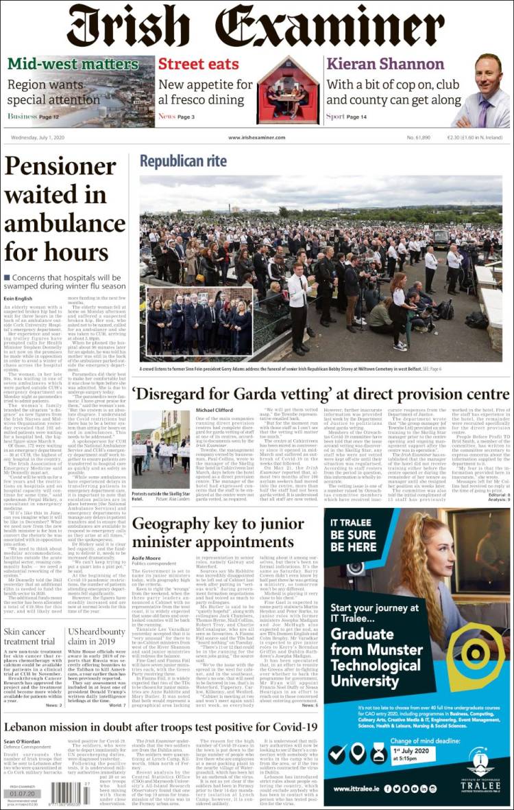 Portada de Irish Examiner (Irlanda)