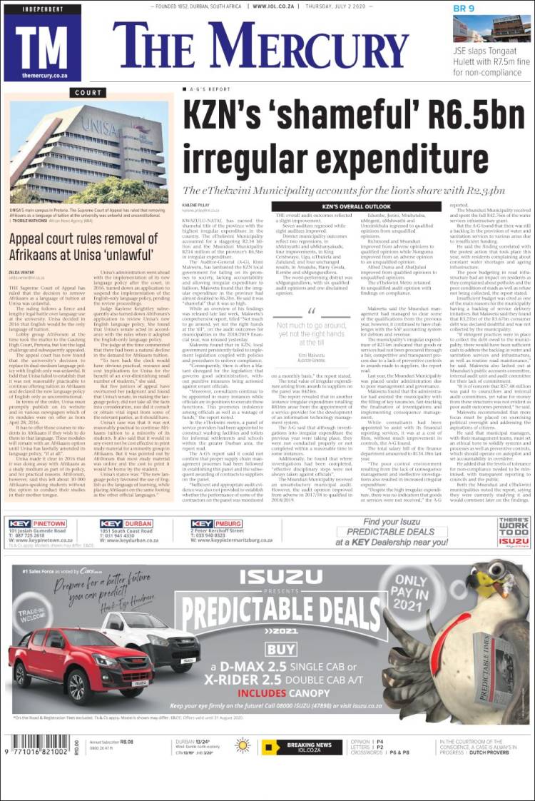 Portada de The Mercury (Sud&aacute;frica)