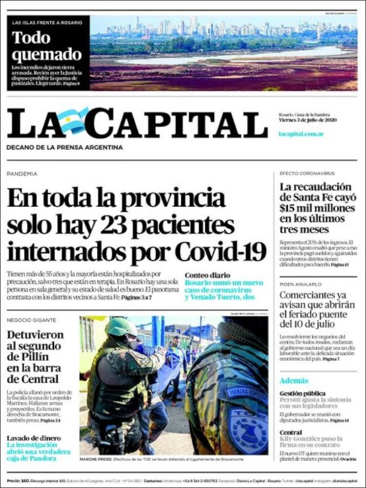 Periódico La Capital - Rosario (Argentina). Periódicos Argentina. Edición de viernes, 3 de julio de 2020. Kiosko.net