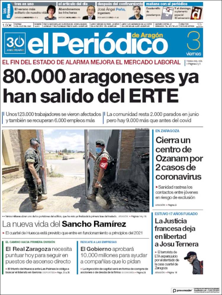 Portada de El Periódico de Aragón (España)