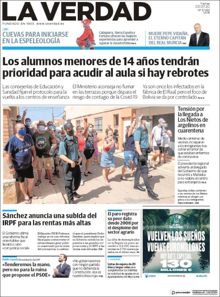 Portada de La Verdad de Murcia (España)