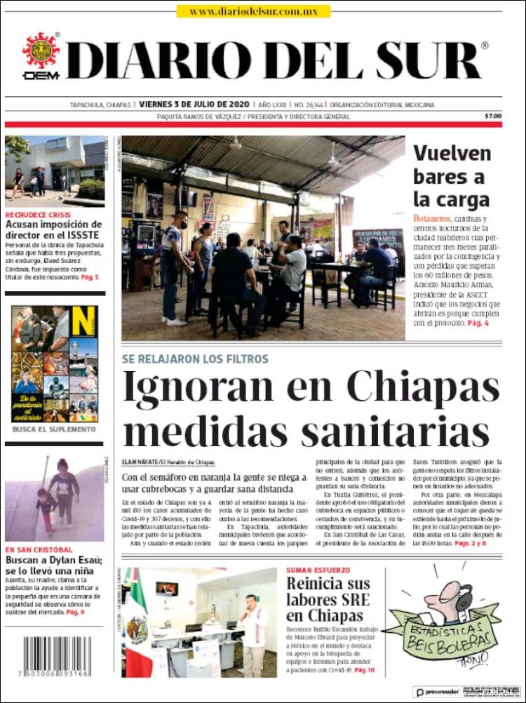 Portada de El Diario del Sur (México)