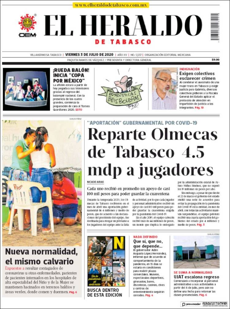 Portada de El Heraldo de Tabasco (México)