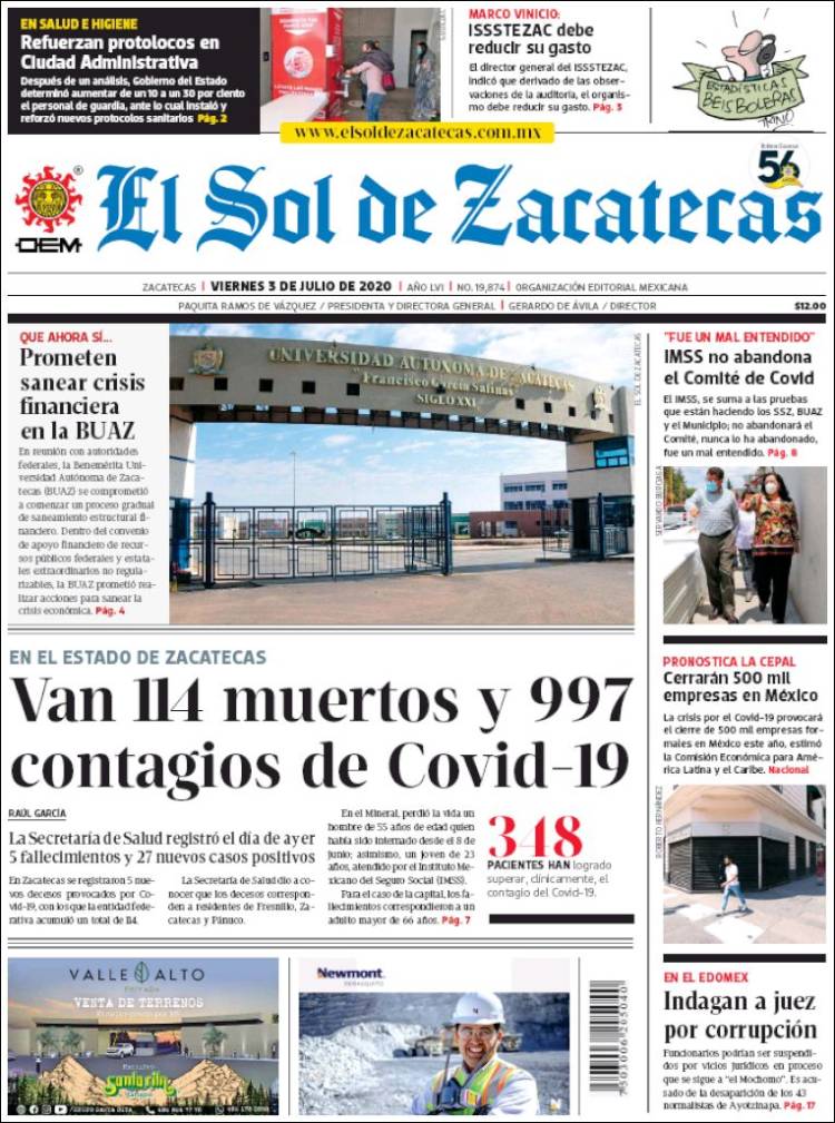 Portada de El Sol de Zacatecas (México)