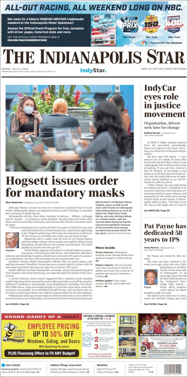 Portada de The Indianapolis Star (USA)