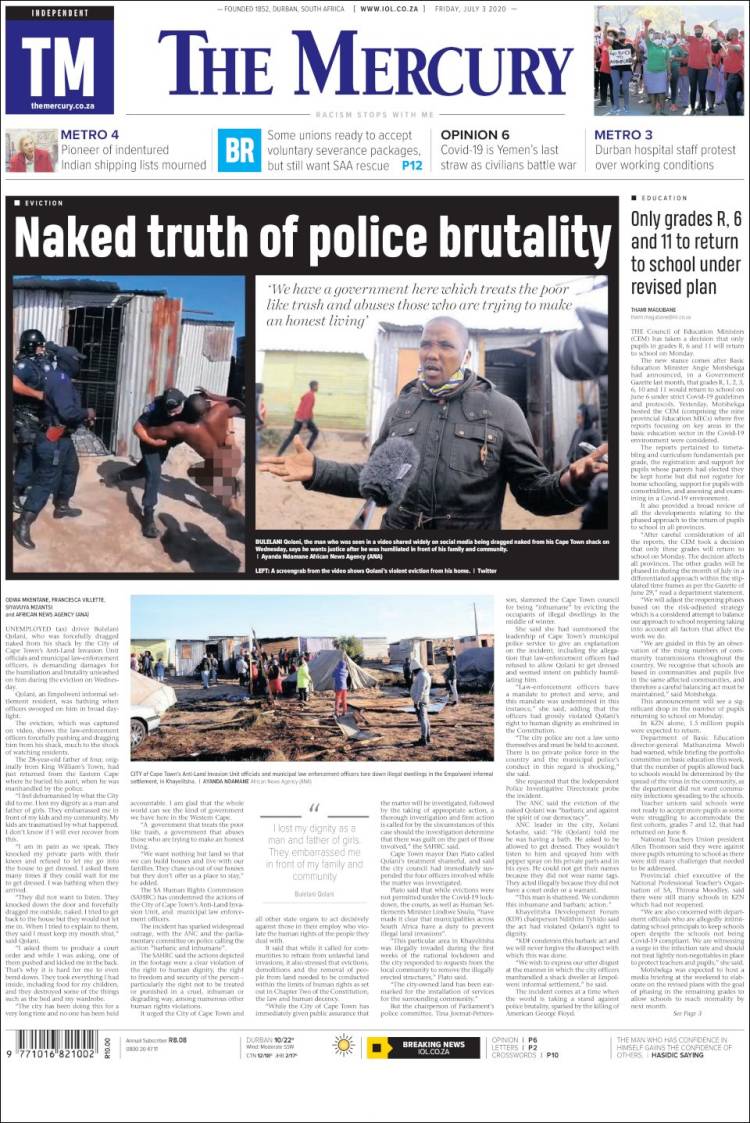 Portada de The Mercury (Sud&aacute;frica)