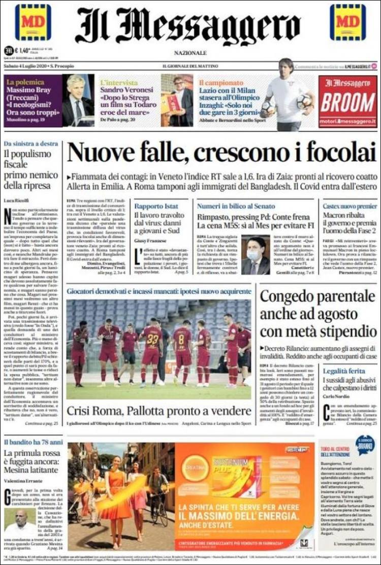 Portada de Il Messaggero (Italia)