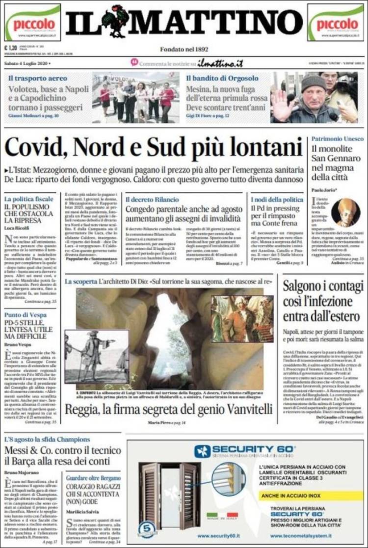 Portada de Il Mattino (Italia)