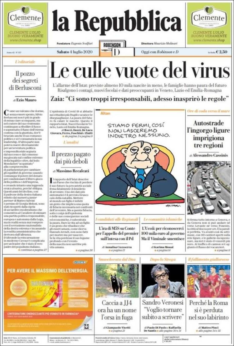 Portada de La Repubblica (Italia)