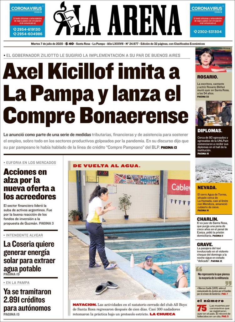 Portada de Diario La Arena (Argentina)