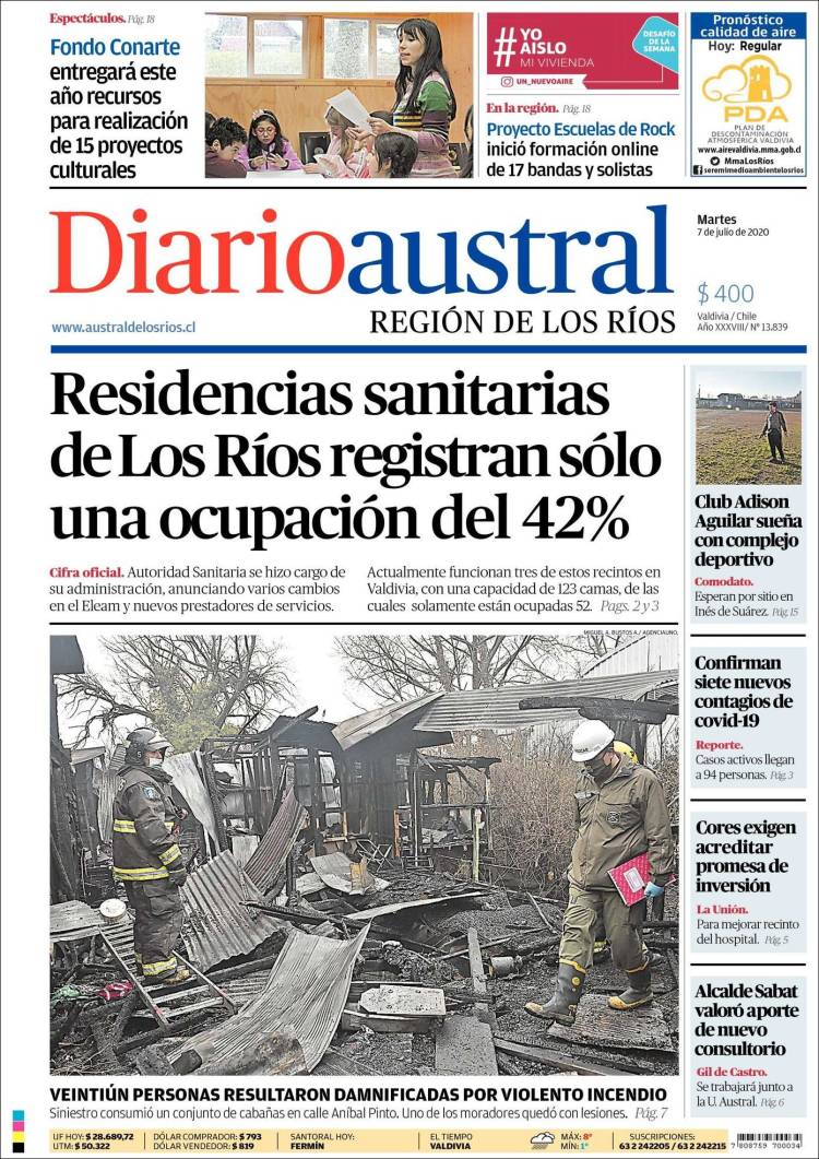 Portada de El Diario Austral de Valdivia (Chile)