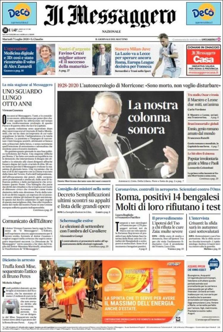 Portada de Il Messaggero (Italia)