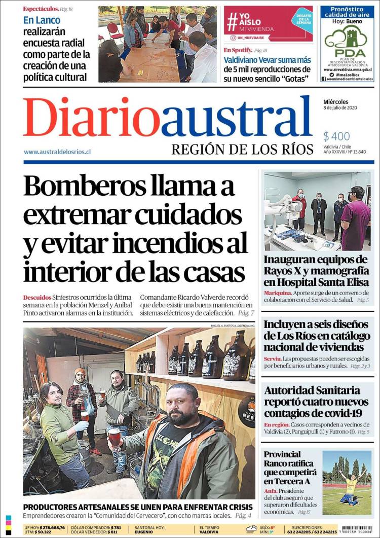 Portada de El Diario Austral de Valdivia (Chile)