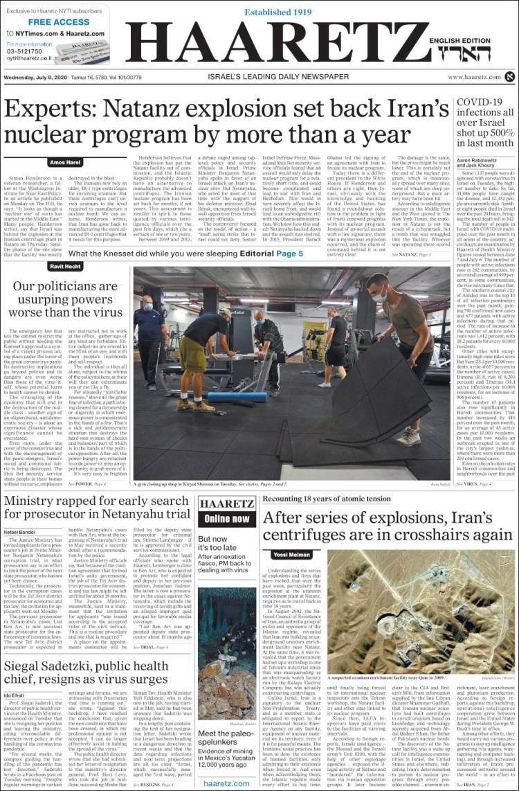 Portada de Haaretz (Israel)