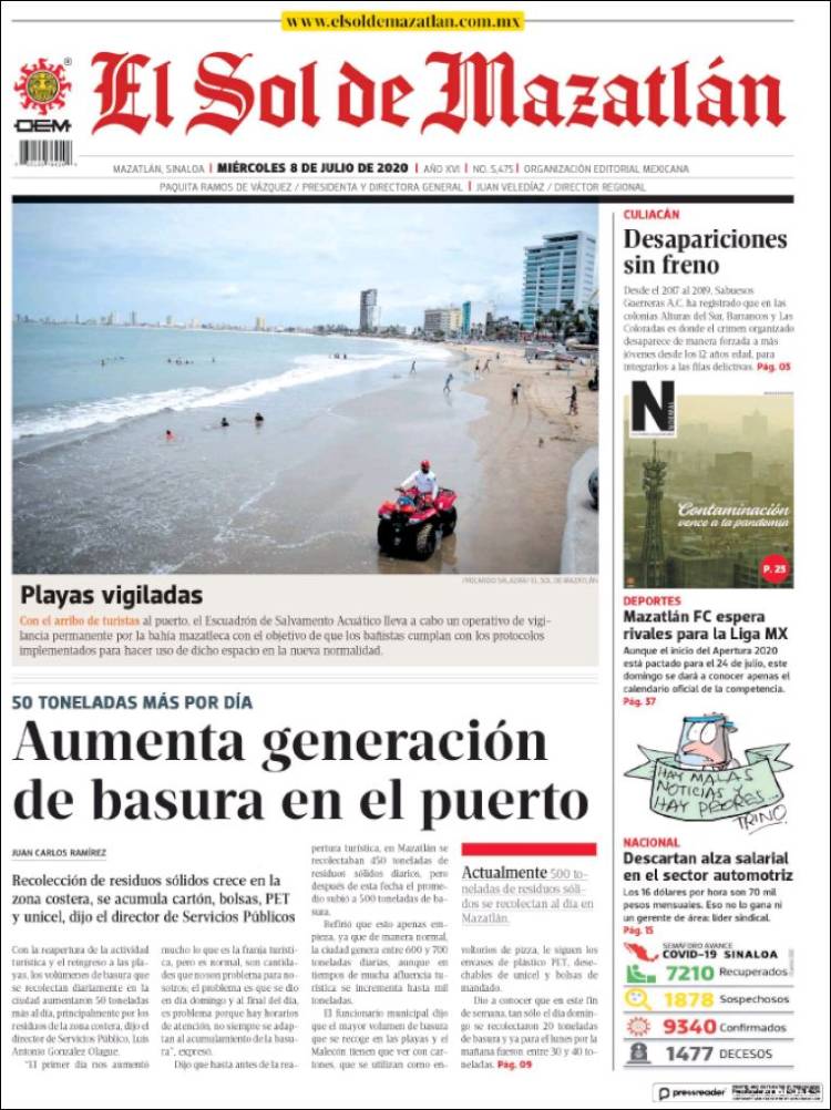 Portada de El Sol de Mazatlán (México)