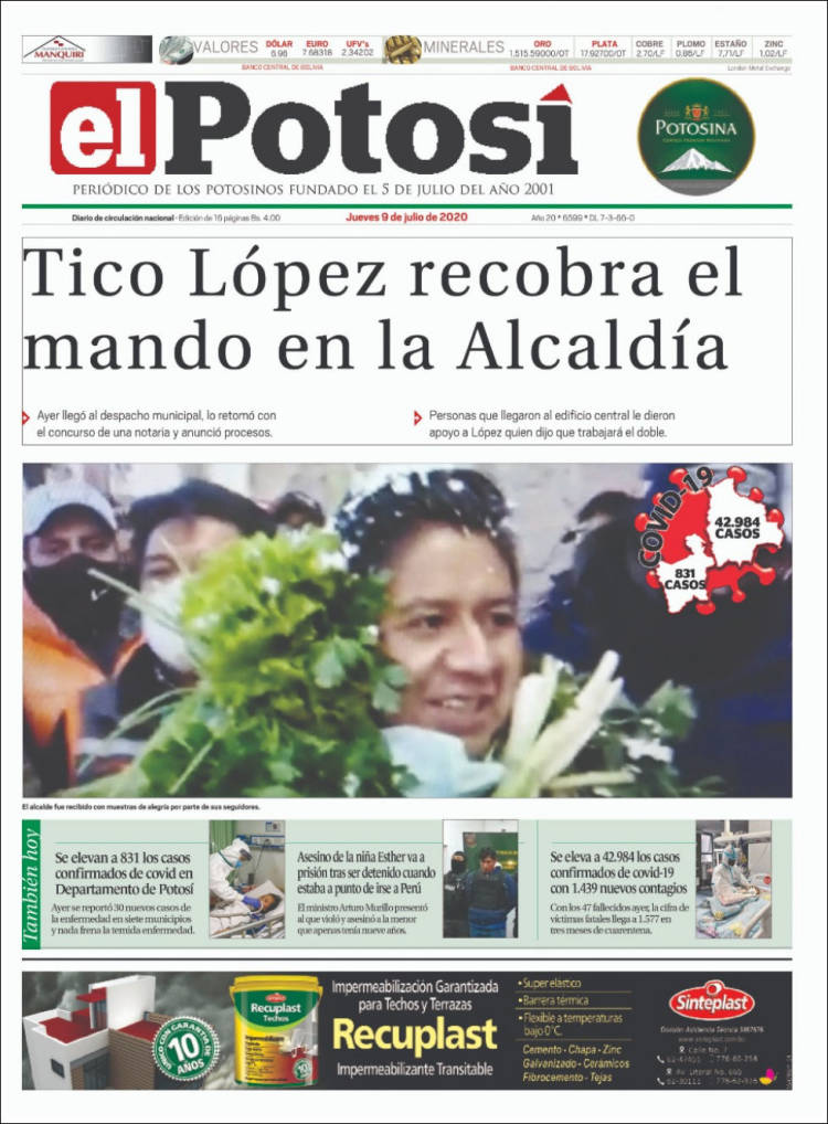 Portada de Diario de Potosí (Bolivia)