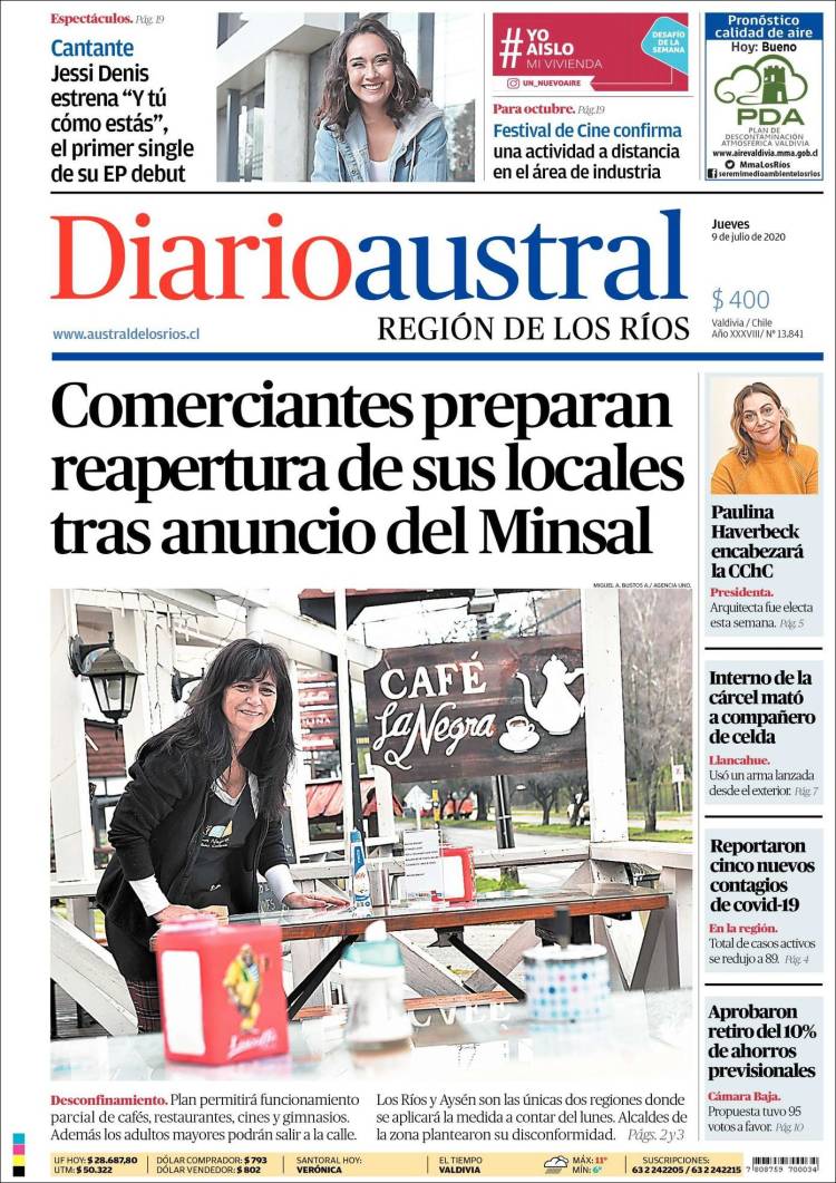 Portada de El Diario Austral de Valdivia (Chile)