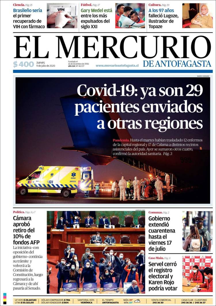 Portada de El Mercurio de Antofagasta (Chile)