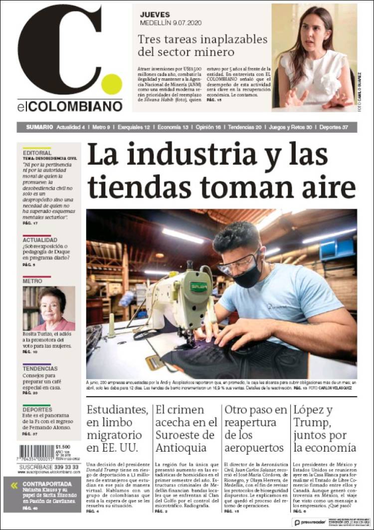 Portada de El Colombiano (Colombia)