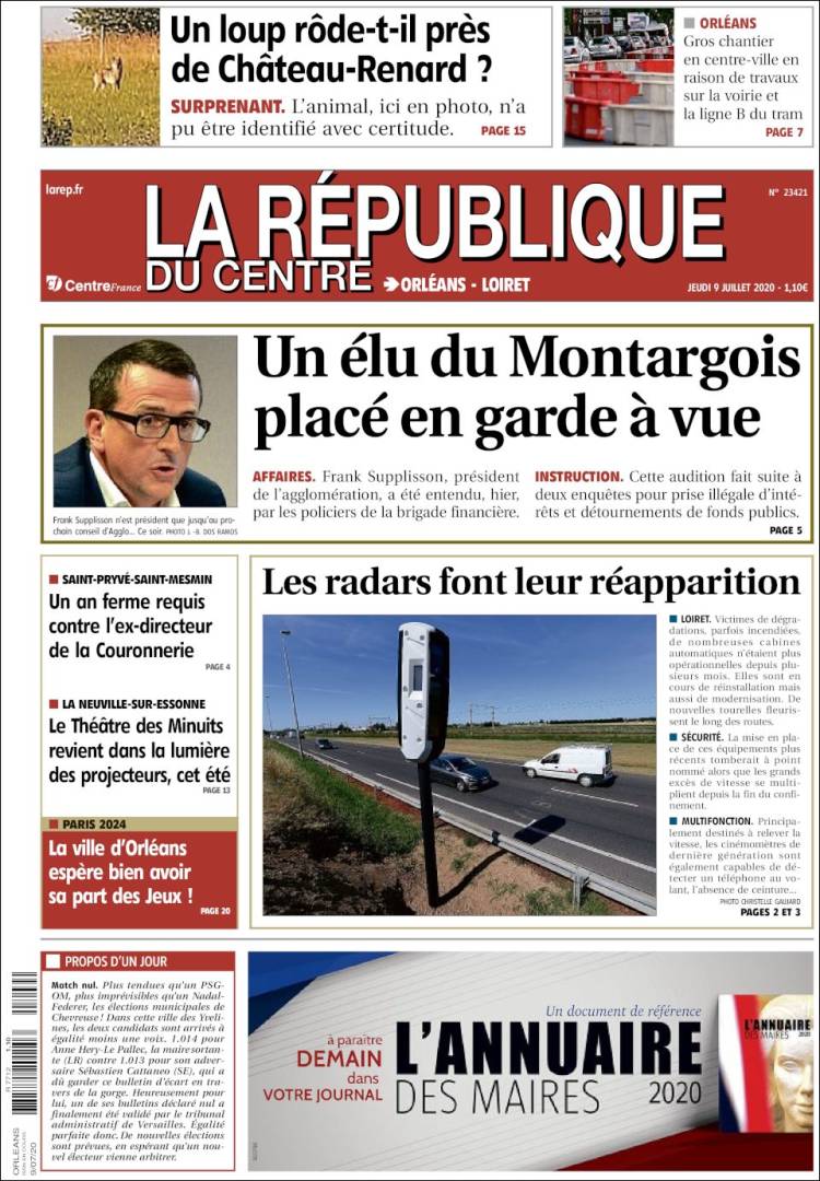 Portada de La République du Centre (Francia)