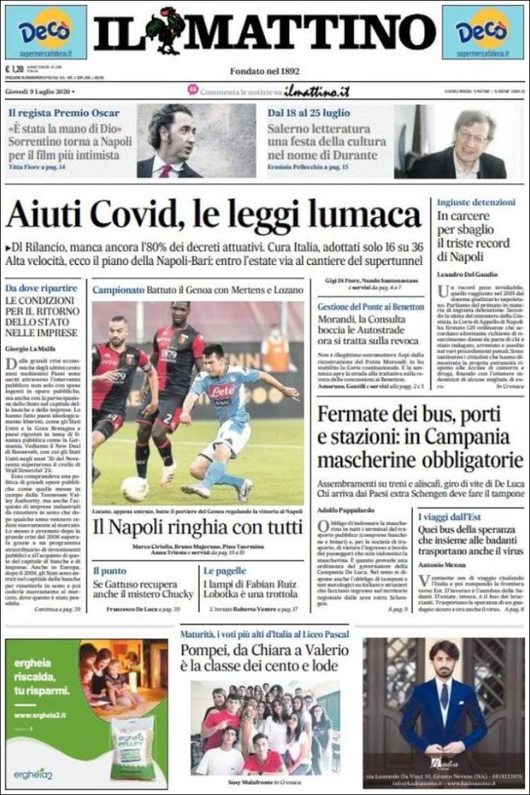 Portada de Il Mattino (Italia)