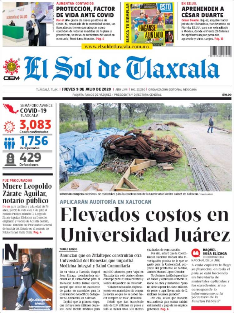 Portada de El Sol de Tlaxcala (M&eacute;xico)