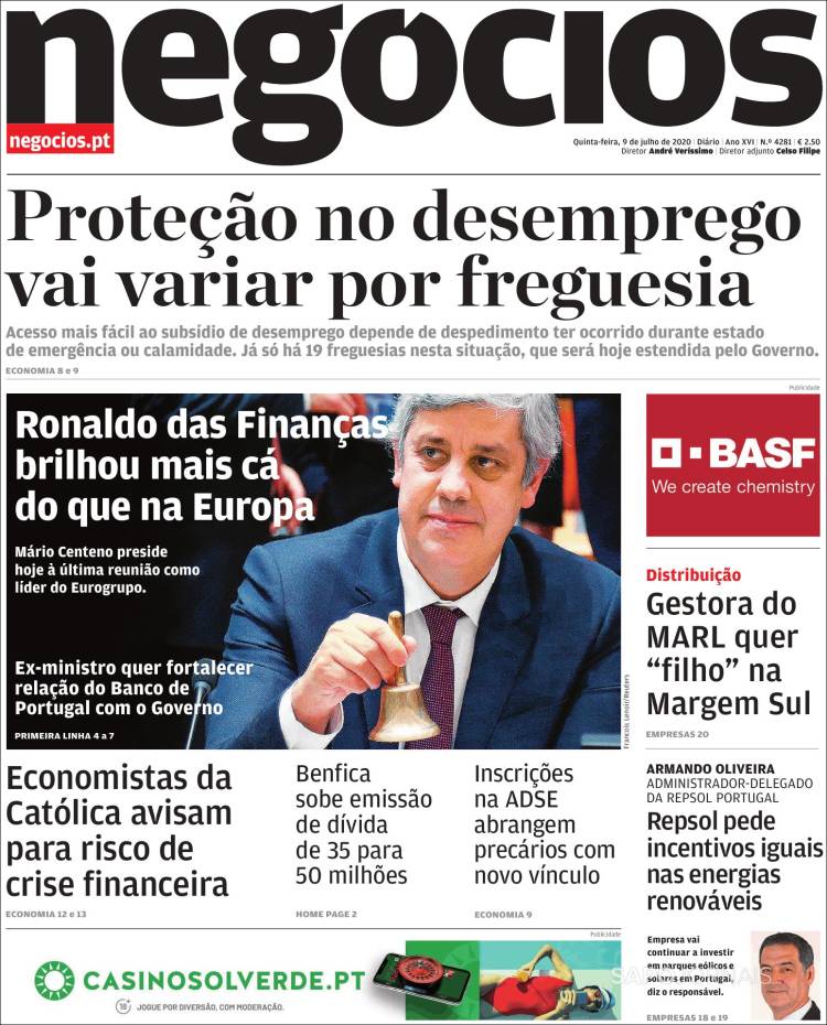 Portada de Jornal de Negócios (Portugal)