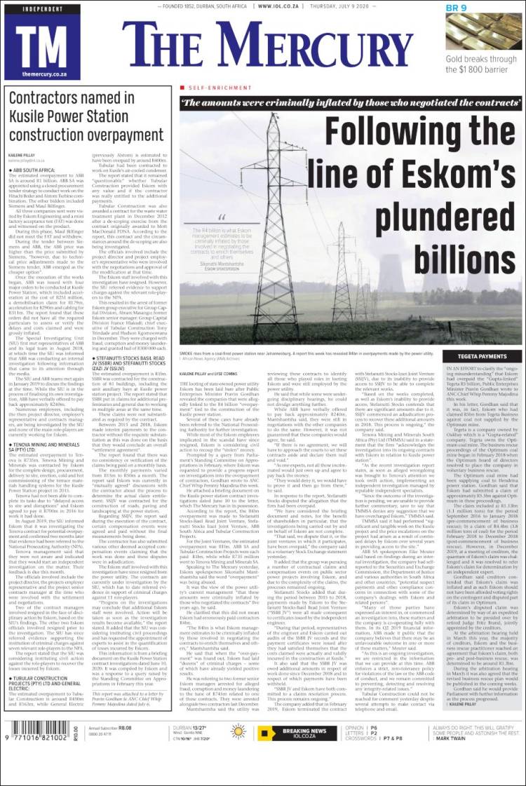 Portada de The Mercury (Sud&aacute;frica)