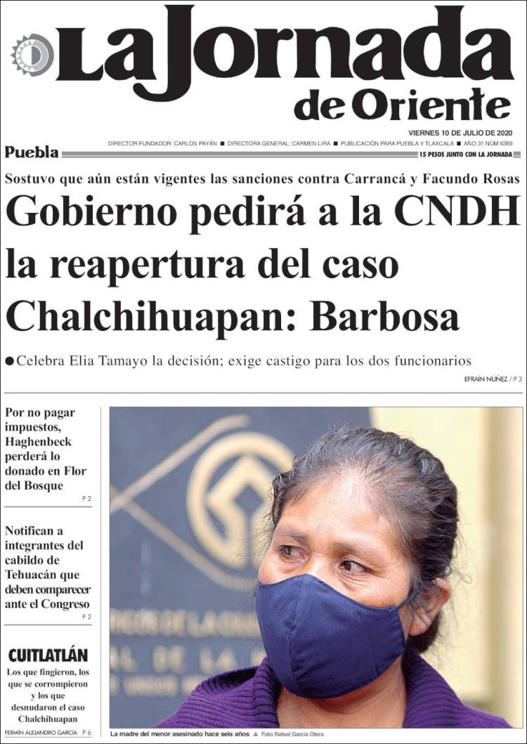 Portada de La Jornada de Oriente - Puebla (México)
