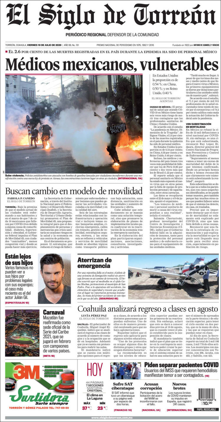 Portada de El Siglo de Torreon (México)