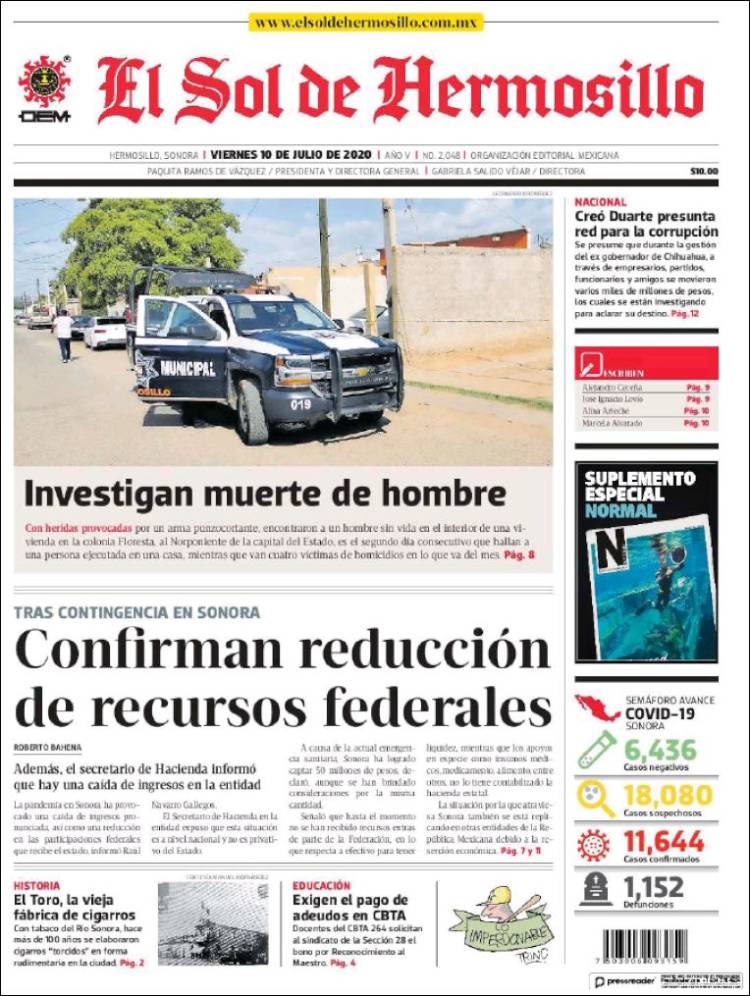 Portada de El Sol de Hermosillo (México)