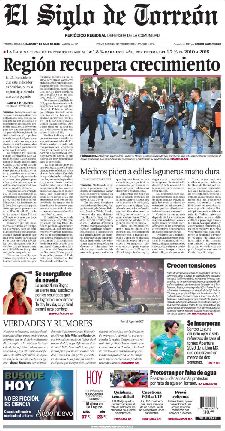 Portada de El Siglo de Torreon (México)
