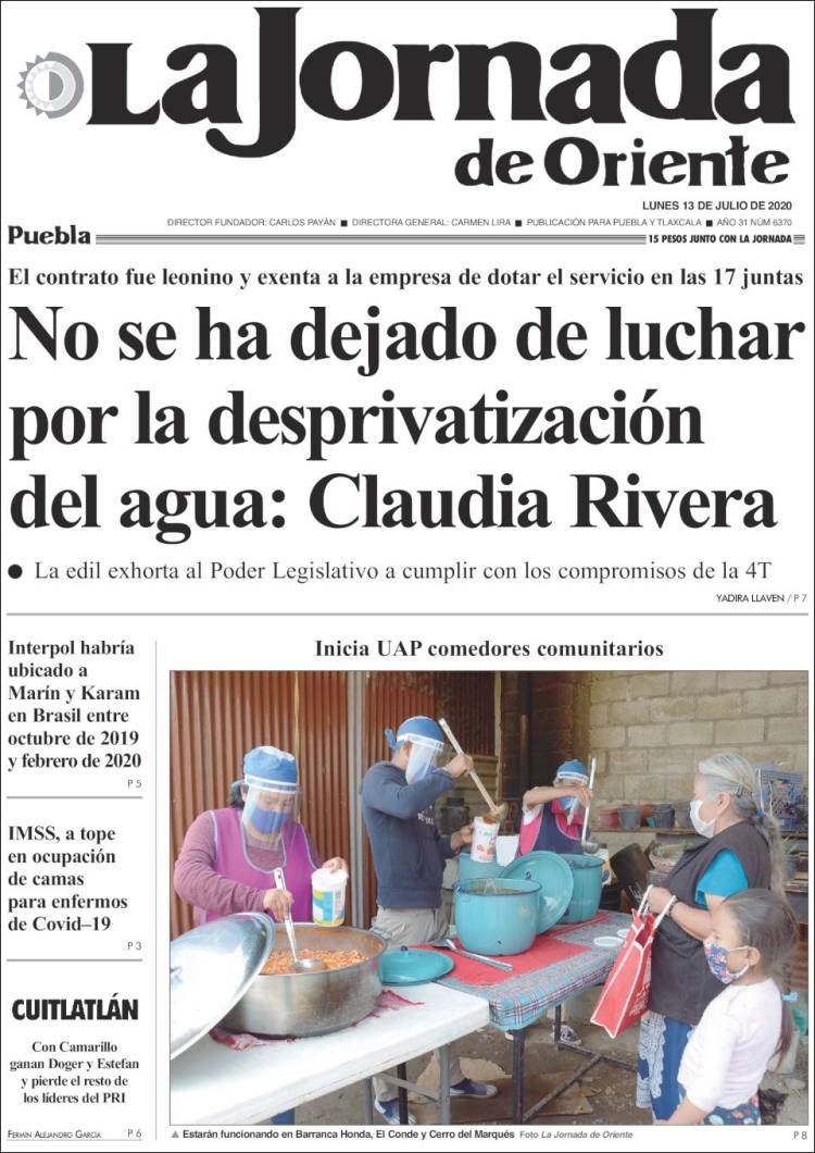 Portada de La Jornada de Oriente - Puebla (M&eacute;xico)