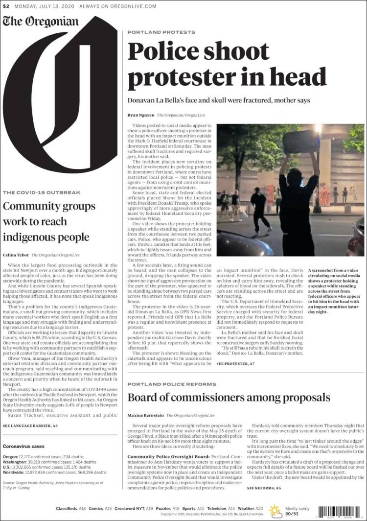 Portada de The Oregonian (USA)