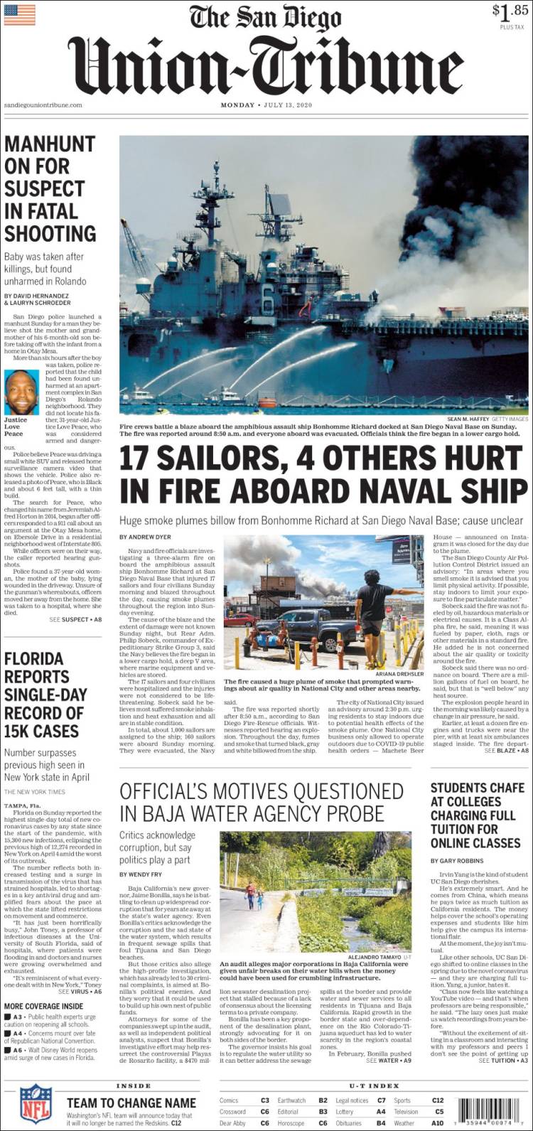 Portada de The San Diego Union-Tribune (USA)