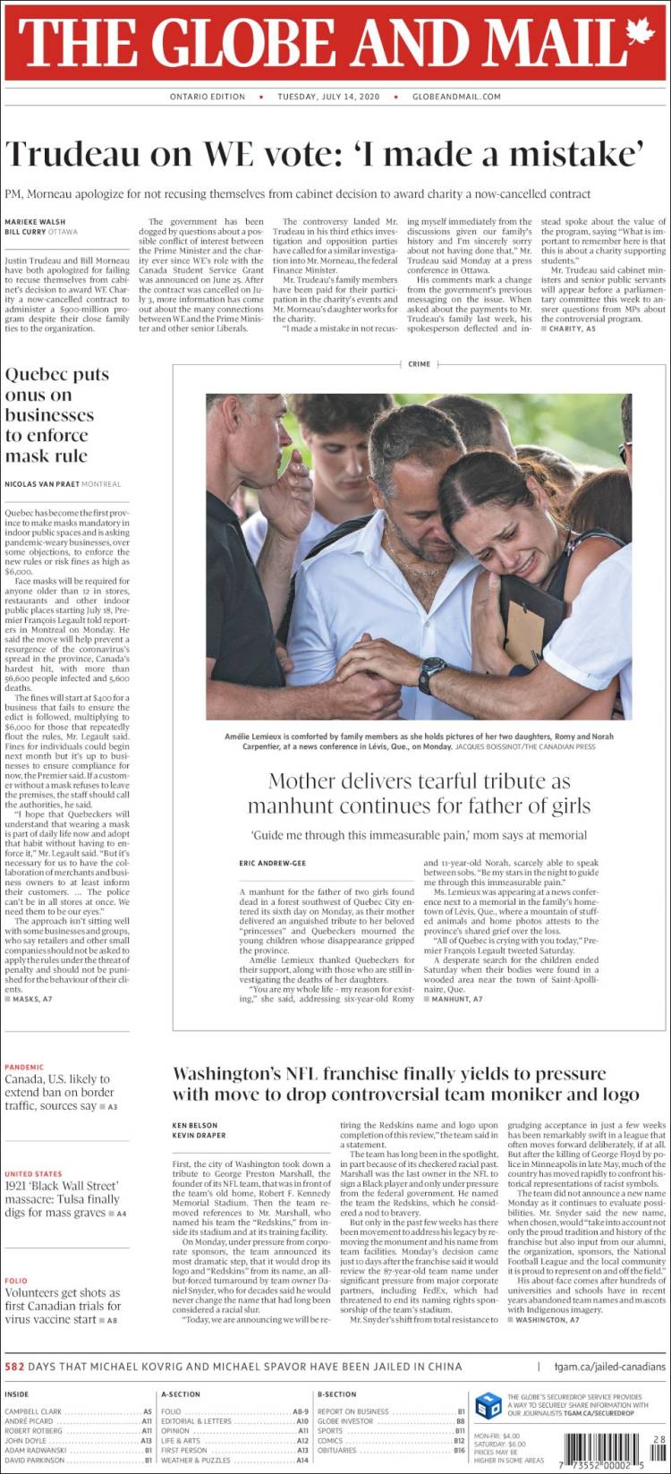 Portada de The Globe and Mail (Canadá)